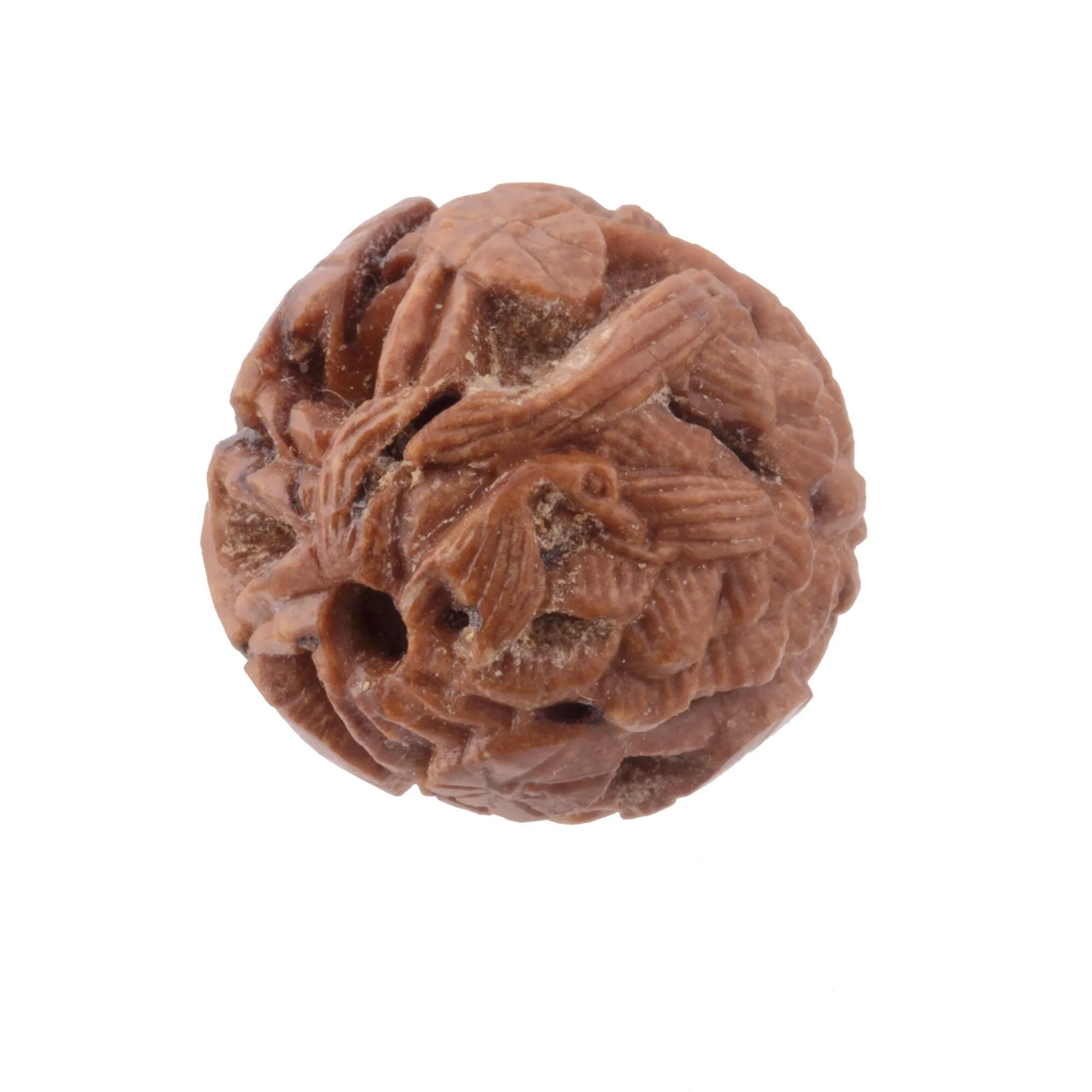 Vintage Chinese carved nut beads. Intricate detail of foliage and hidden creature.  14-15mm. 1 pc. b7-wo348