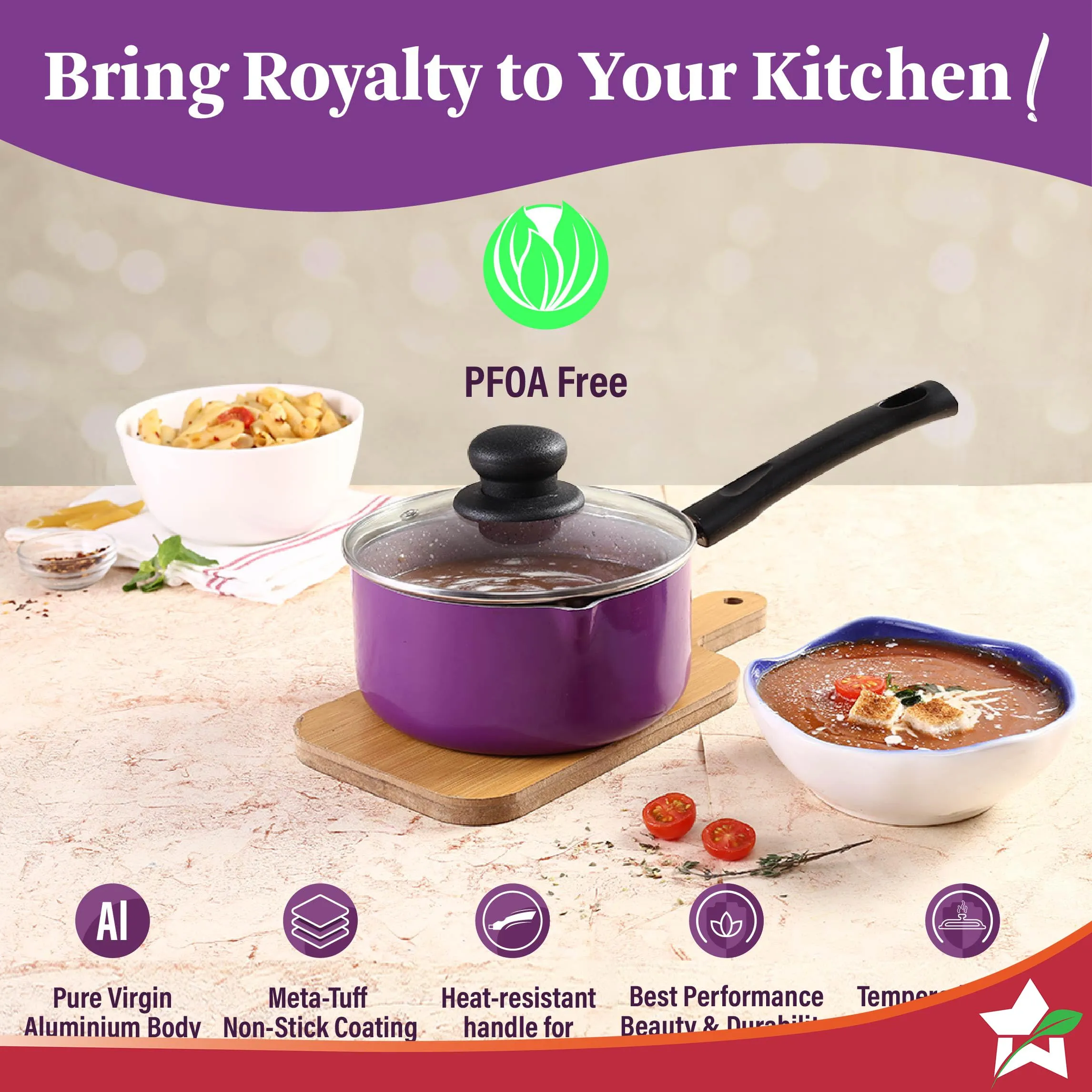 Wonderchef Valencia Non-Stick Sauce Pan with Glass Lid | Cool Touch Bakelite Handle | Pure Grade Aluminium| Tempered Glass Lid | 1.5 litres | 2.5 mm Thickness | 2 Year Warranty | Purple