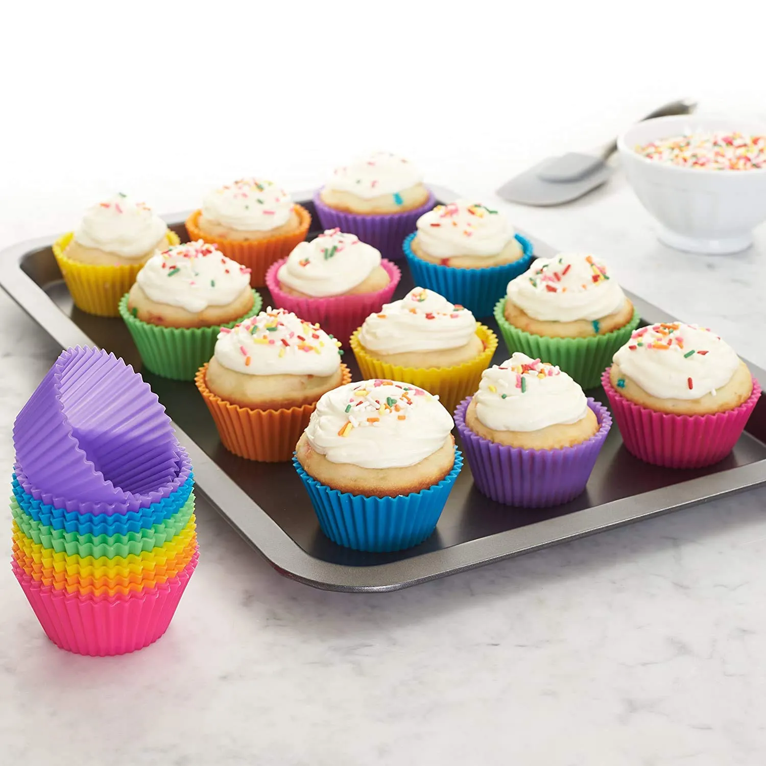 Zollyss Reusable Silicone Cupcake Baking Cups 24 Pack, 2.75 inch Silicone Baking Cups, Reusable & Non-stick Muffin Cupcake Liners for Party Halloween Christmas,6 Rainbow Colors (Pack of 24,Multicolor)