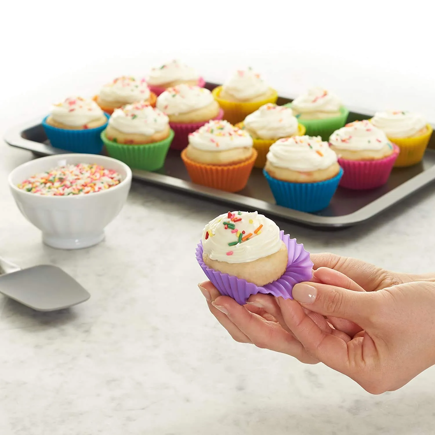 Zollyss Reusable Silicone Cupcake Baking Cups 24 Pack, 2.75 inch Silicone Baking Cups, Reusable & Non-stick Muffin Cupcake Liners for Party Halloween Christmas,6 Rainbow Colors (Pack of 24,Multicolor)