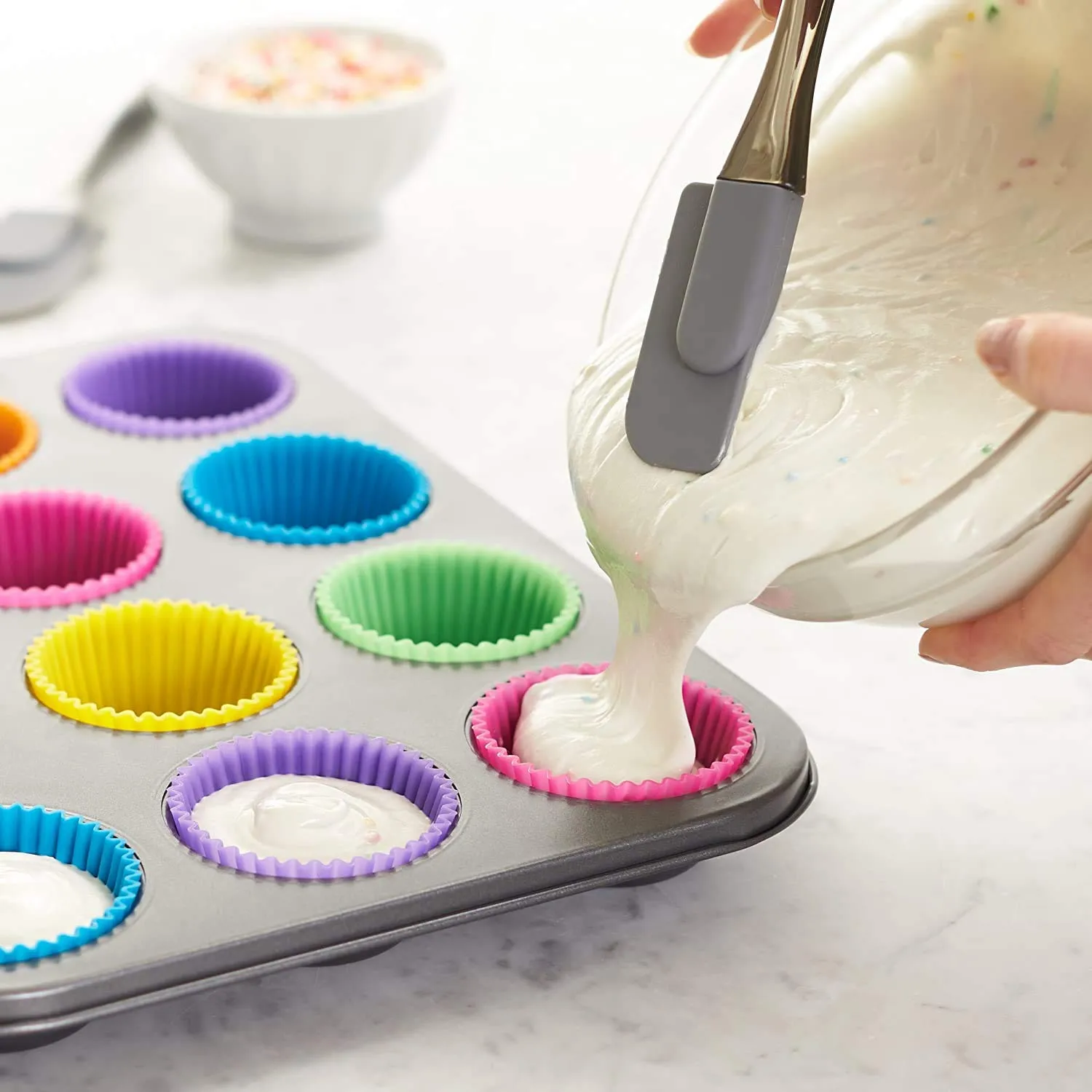 Zollyss Reusable Silicone Cupcake Baking Cups 24 Pack, 2.75 inch Silicone Baking Cups, Reusable & Non-stick Muffin Cupcake Liners for Party Halloween Christmas,6 Rainbow Colors (Pack of 24,Multicolor)